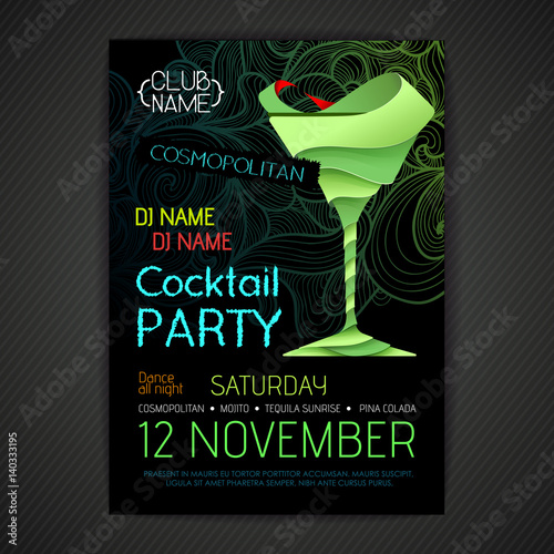 Disco cocktail party poster. 3D cocktail design.