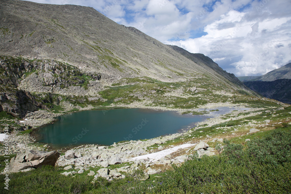 Mountain landscape with a lake in the valley, Altai.