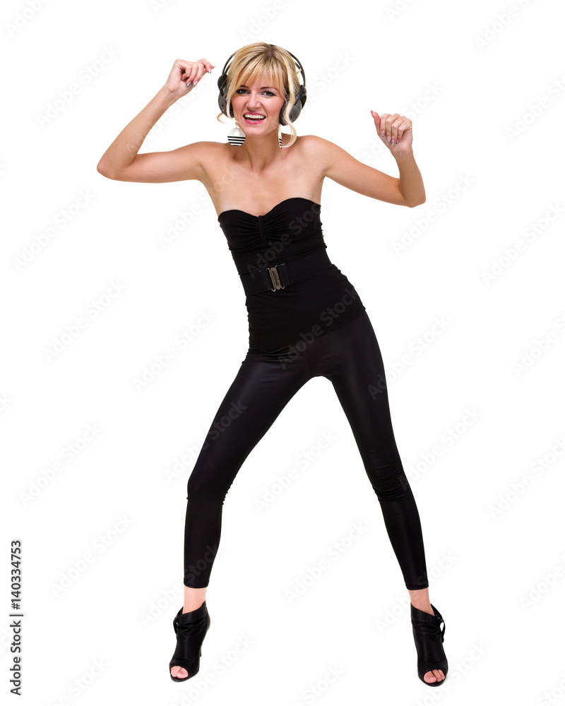 full length photo of attractive woman dancer with headphones, isolated on white full length photo of attractive woman dancer with headphones, isolated on white