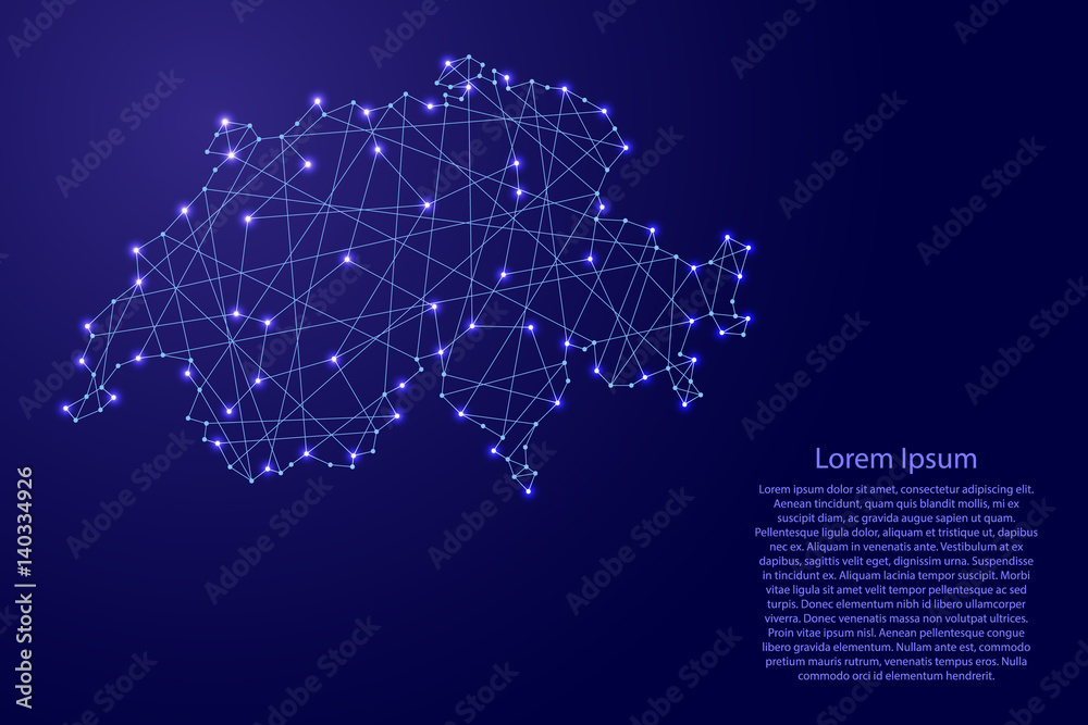 Map of Switzerland from polygonal blue lines and glowing stars vector illustration
