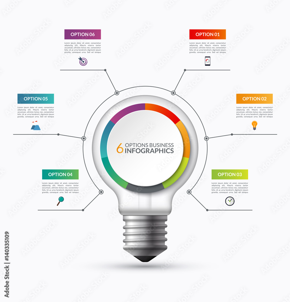 Fototapeta premium Lightbulb infographic template with 6 options. Creative business startup concept. Can be used as circular chart, cycle diagram, graph, workflow layout for report, web, presentation. Vector background