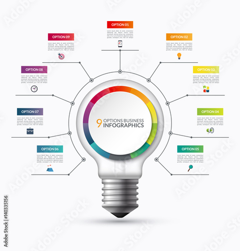 Lightbulb infographic template with 9 options. Creative business startup concept. Can be used as circular chart, cycle diagram, graph, workflow layout for report, web, presentation. Vector background