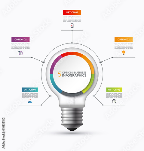 Lightbulb infographic template with 5 options. Creative business startup concept. Can be used as circular chart, cycle diagram, graph, workflow layout for report, web, presentation. Vector background