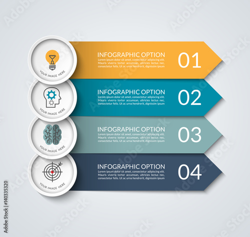 Infographic banner with arrow and circle design elements. Business concept with 4 options, steps, parts. Vector template that can be used as a chart, graph, diagram, workflow layout