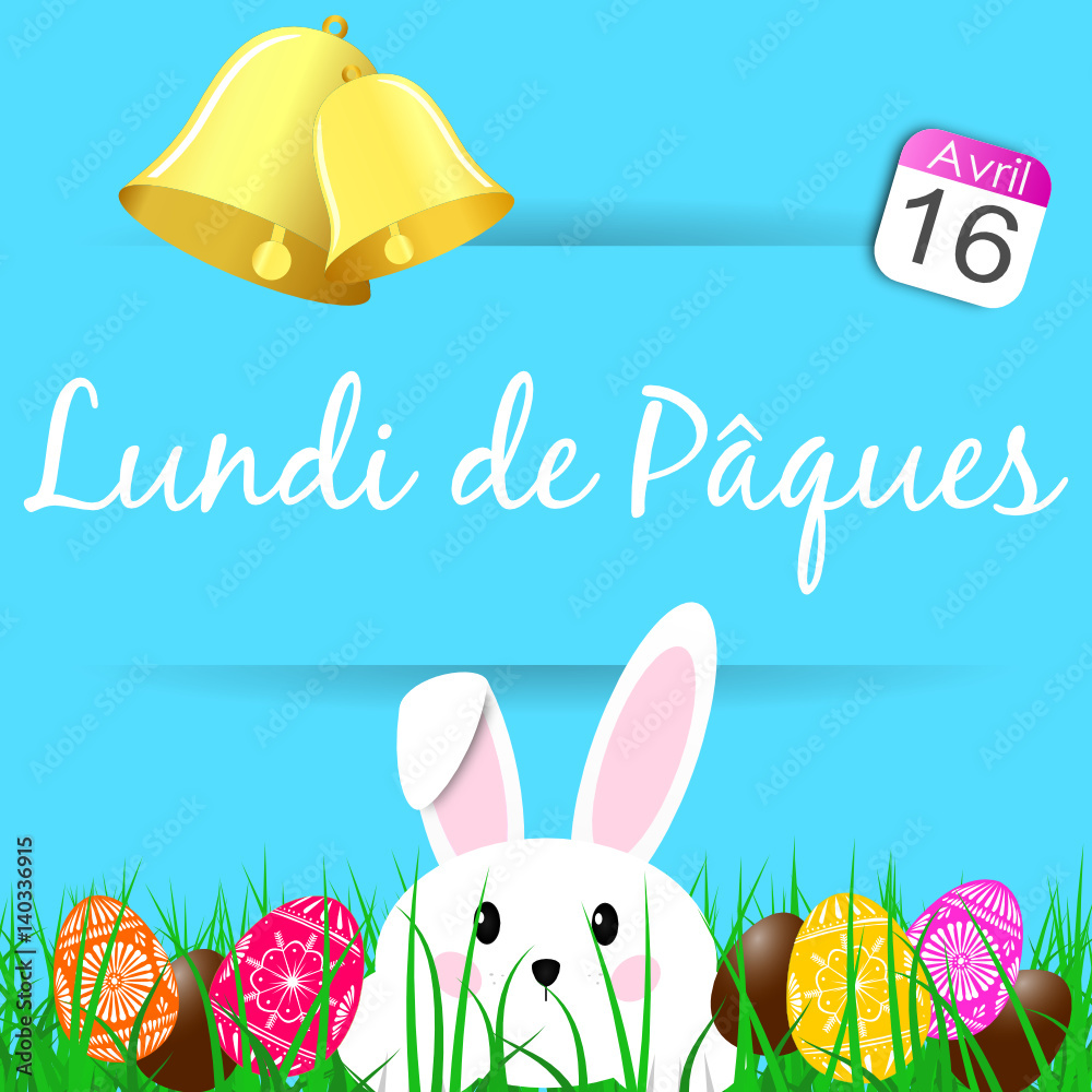 Lundi De Paques 16 Avril 17 Cloche Lapin Et Oeufs De Paques Stock Vector Adobe Stock