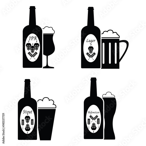 Collection of vector Beer glass and bottle. Icons and illustrations.