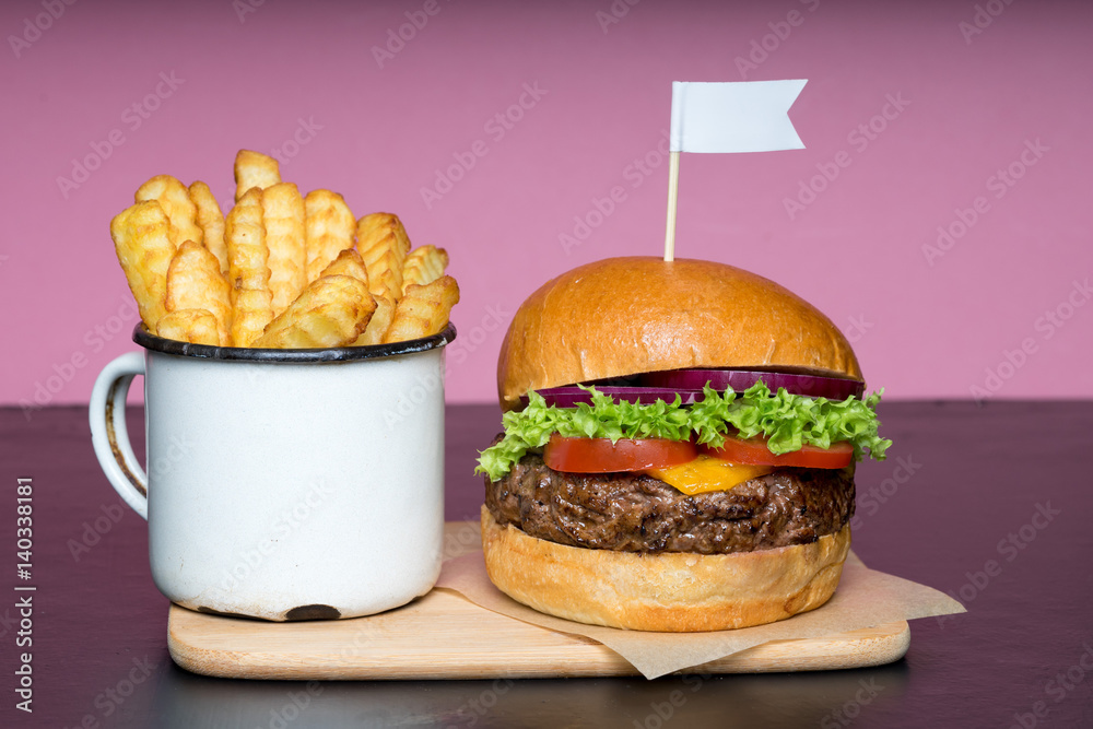 fresh beef grilled burger hamburger salad isolated space text real meat men food beer