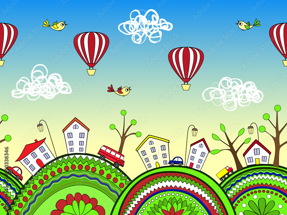 Cute doodle kids background with ornamented hills and cartoon city. Seamless vector