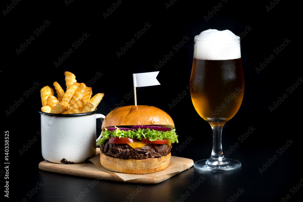 fresh beef grilled burger hamburger salad isolated space text real meat men food beer
