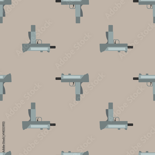 Submachine gun security and military weapon. Metal automatic gun. Seamless pattern, tiling ornament vector illustration