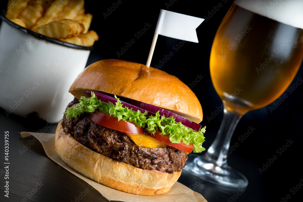 fresh beef grilled burger hamburger salad isolated space text real meat men food beer
