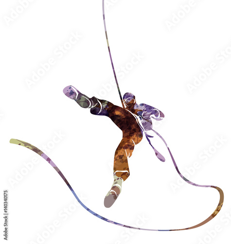 Vector watercolor silhouette of a climber abseil