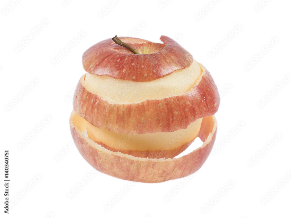 Peeled apple on white isolated background