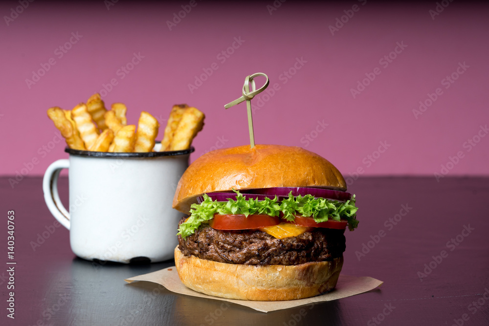 fresh beef grilled burger hamburger salad isolated space text real meat men food beer