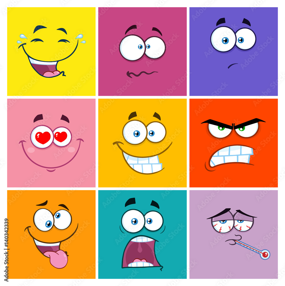 Square Cartoon Emoticons Different Color With Expression Set 2. Collection Isolated On White
