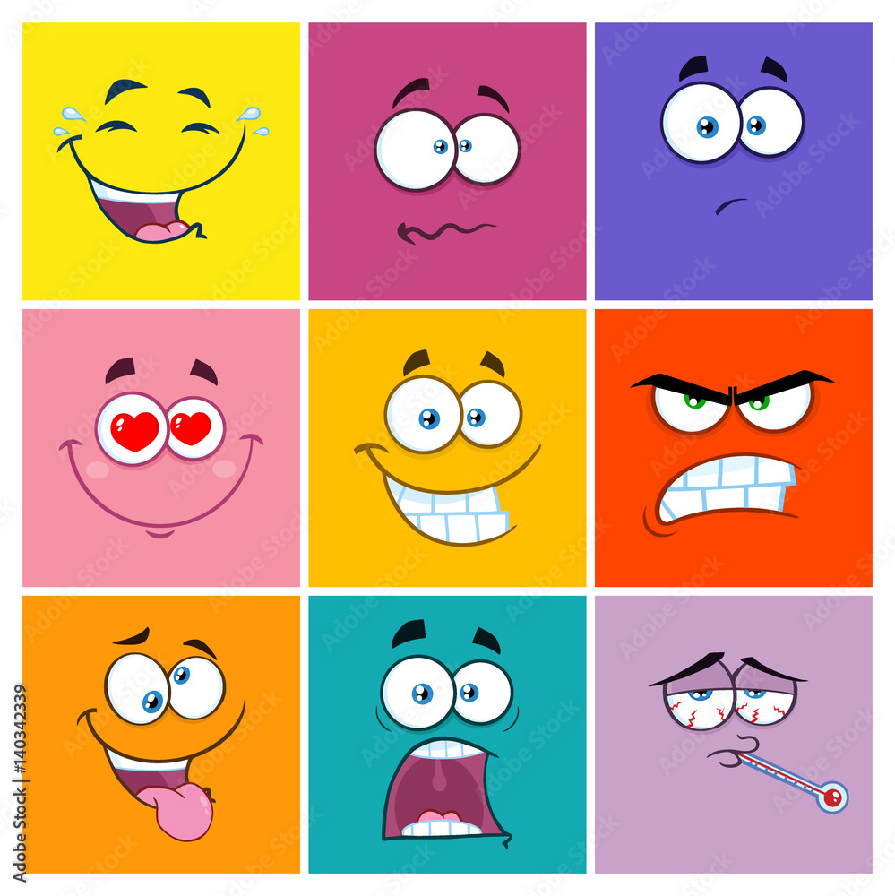 Fototapeta premium Square Cartoon Emoticons Different Color With Expression Set 2. Collection Isolated On White