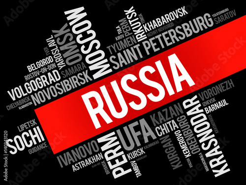 List of cities and towns in Russia, word cloud collage, business and travel concept background