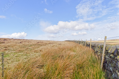 In the Derbyshire Peak District a dry stone wall separates open moorland from a farmers field