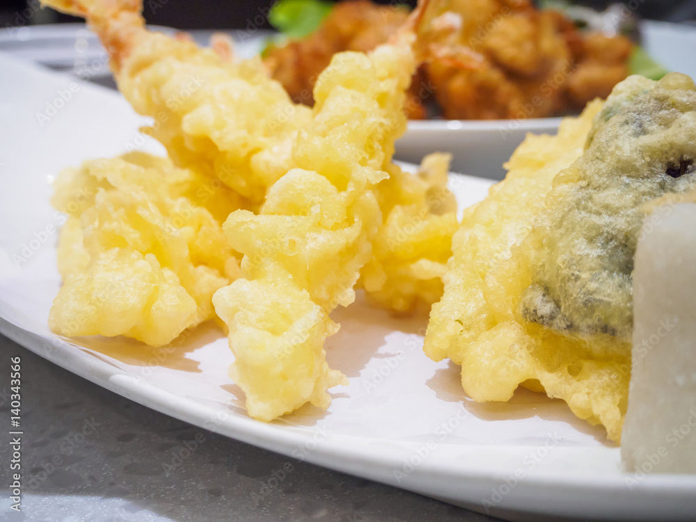 Delicious shrimp tempura on white plate