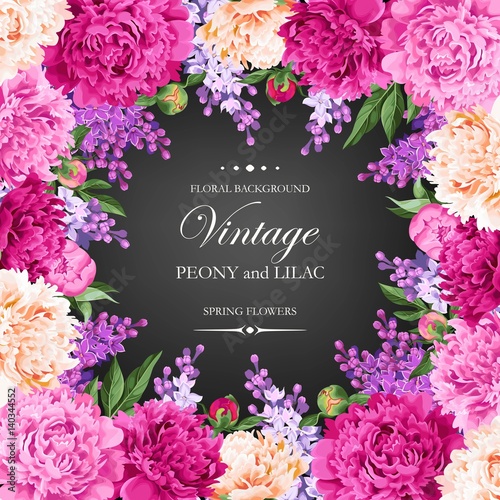Vintage card with lilac and peonies