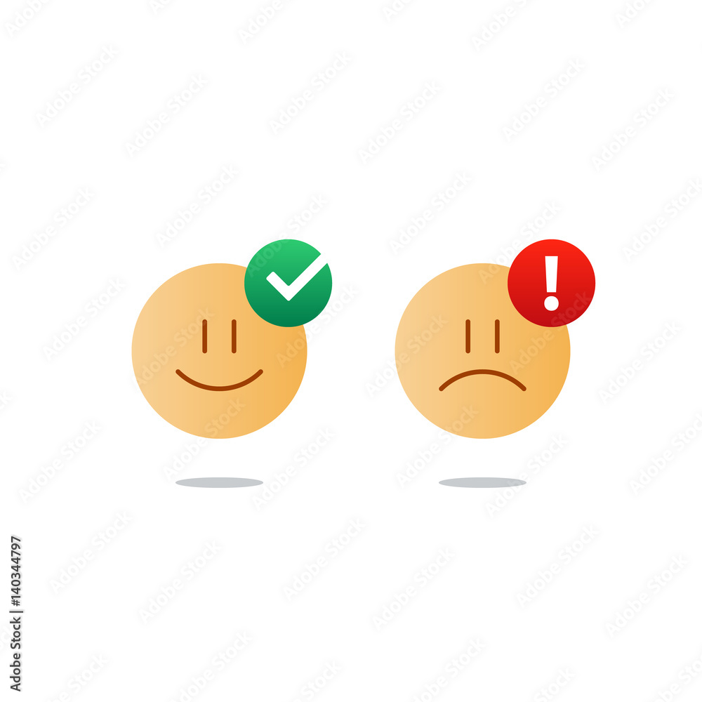 Opposite emotions, smile emoji, sad icon, customer services, feedback survey