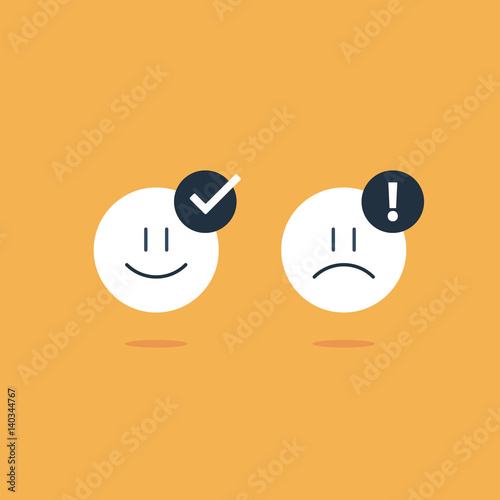 Opposite emotions, smile emoji, sad icon, customer services, feedback survey