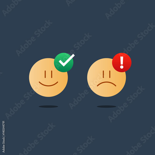 Opposite emotions, smile emoji, sad icon, customer services, feedback survey