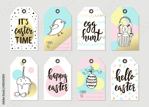 Set with Happy Easter gift tags and cards with calligraphy. Handwritten lettering. Hand drawn design elements.