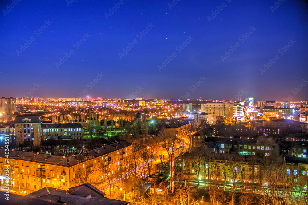 Night view of Voronezh from a high-rise building in the city center.  HDR.