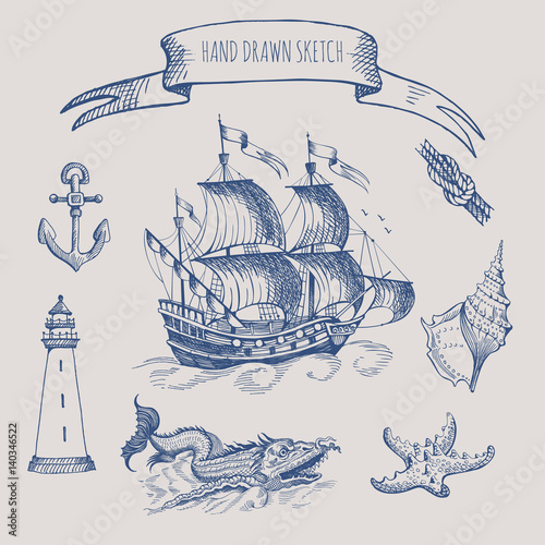 Old caravel, vintage sailboat. Hand drawn vector sketch. Anchor, lighthouse, sea monster, shell, starfish