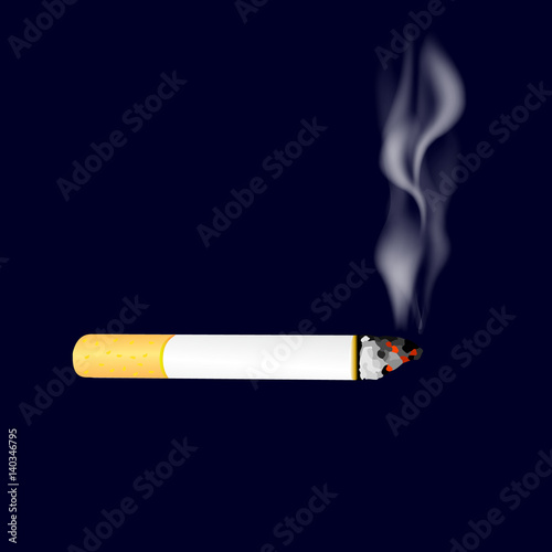 Smoking cigarette on dark background. Burning cigarette with smoke. Vector illustration