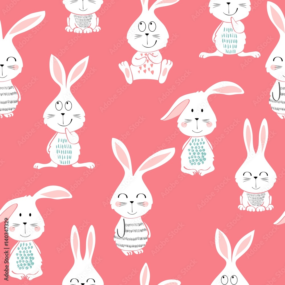 Vector seamless pattern with cartoon cute bunny