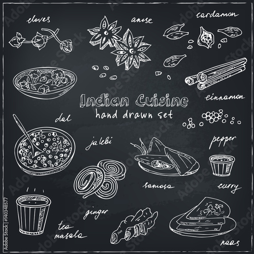 Vector hand drawn set of Indian cuisine. traditional spicy flavored dishes, desserts, beverages.