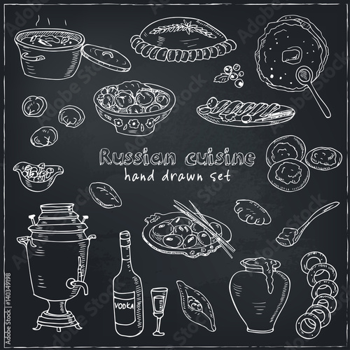 Vector hand drawn set of russian cuisine. pancake, red caviar, pelmeni,, beef stroganoff, vodka and samovar.
