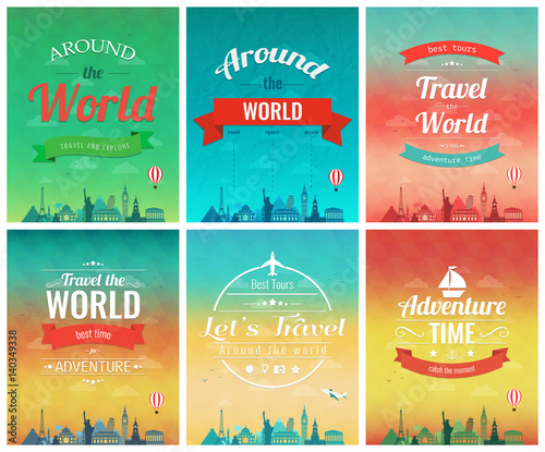 Travel brochure with world landmarks. Template of magazine, poster, book cover, banner, flyer. Vector