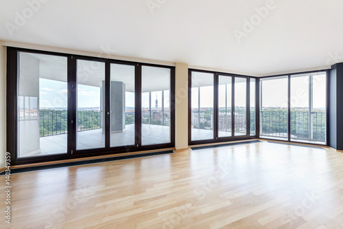 Modern white empty loft apartment interior, living room hall, ace panorama, Overlooking the metropolis city
