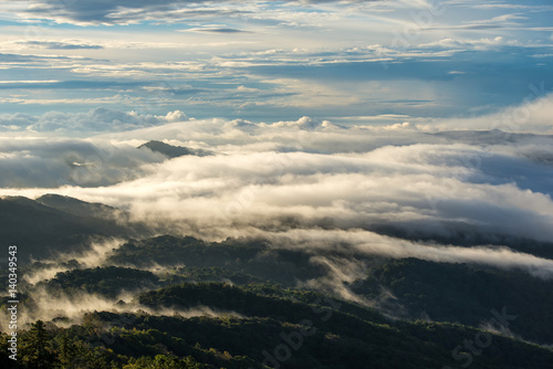 Light morning with fog floating on the mountain and sky is a beautiful view. And is a popular tourist destination of the photographer to capture nature. The Doi Inthanon Chiang Mai, Thailand.