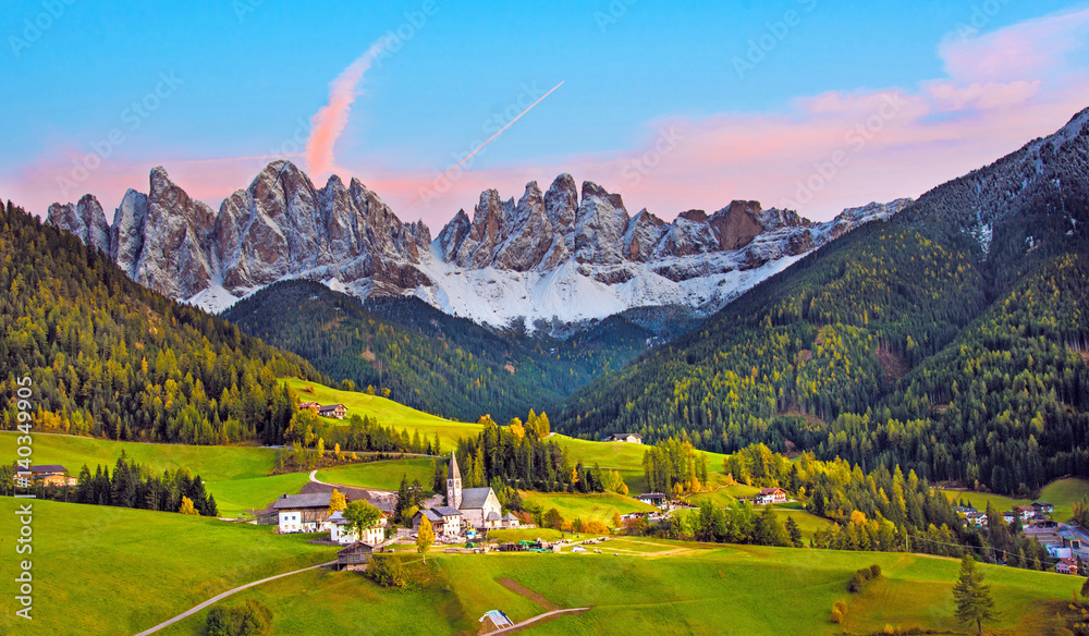 Incredible landscape with the church in the valley of Santa Magdalena, Italy, Europe, Dolomites at dawn