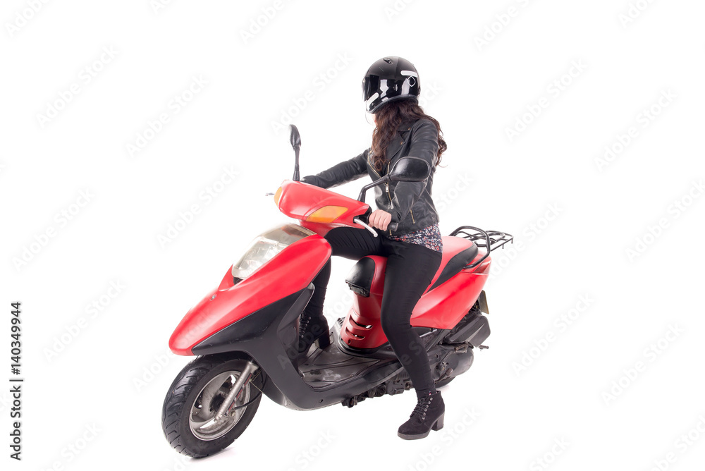 young woman with motorcycle isolated in white young woman with motorcycle isolated in white