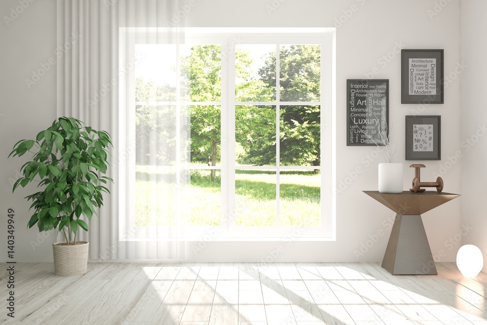 Fototapeta premium White empty room with green landscape in window. Scandinavian interior design. 3D illustration
