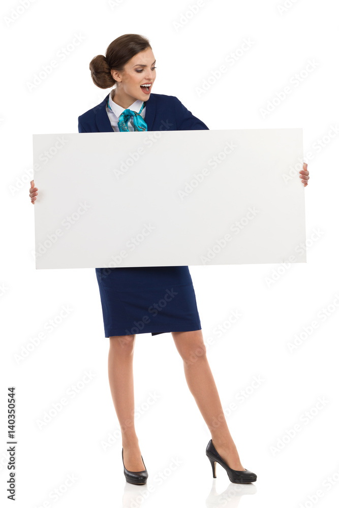 Air Stewardess Holds White Placard Reading And Shouting Air Stewardess Holds White Placard Reading And Shouting