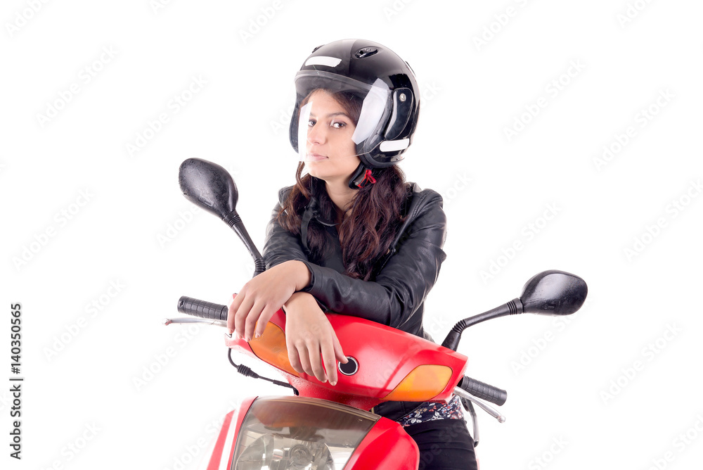 young woman with motorcycle isolated in white young woman with motorcycle isolated in white