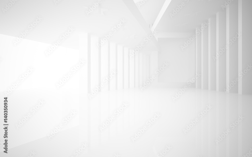 Abstract white interior with future columns and decor in the form of stars. Architectural background. 3D illustration and rendering