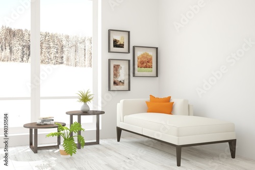 White room with sofa and winter landscape in window. Scandinavian interior design. 3D illustration