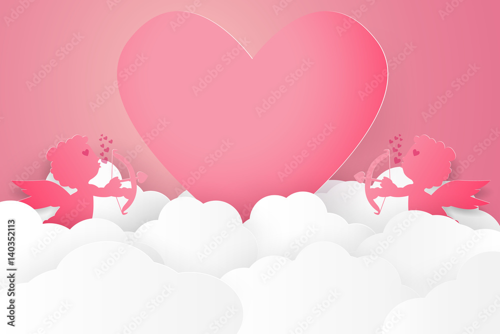 Valentines day , Illustration of love , Cupid on sky with heart , paper art style