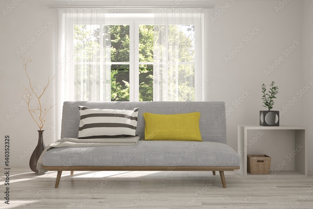 Fototapeta premium White room with sofa and green landscape in window. Scandinavian interior design. 3D illustration