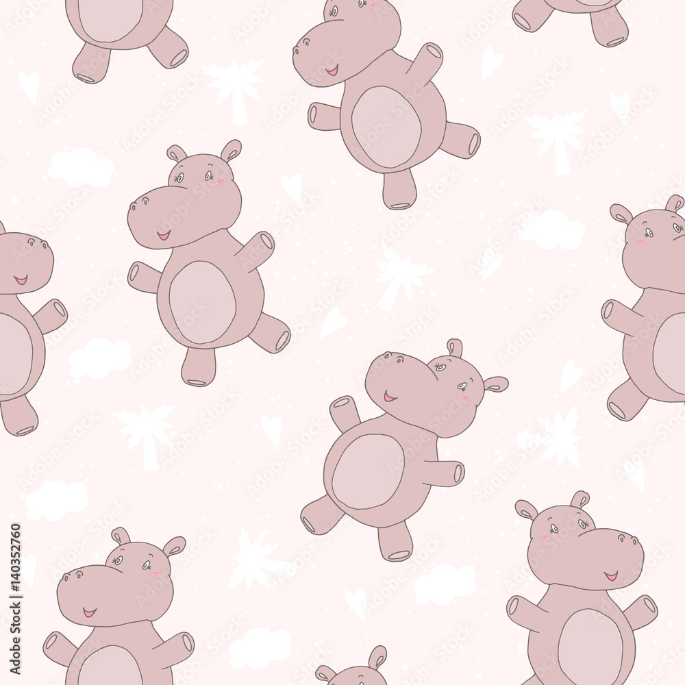 Cute hippo in cartoon style. pattern