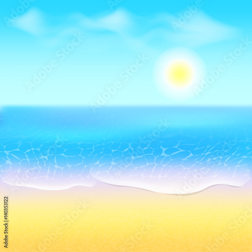 Beach and tropical sea with bright sun. Paradise beach. Sea landscape