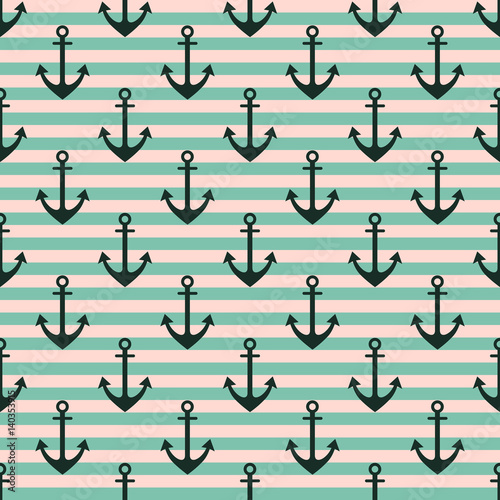 Vector seamless pattern with anchor, diagonal lines. Symmetrical background, nautical theme. Graphic illustration. Template for wrapping, backgrounds, fabric, prints, decor, surface