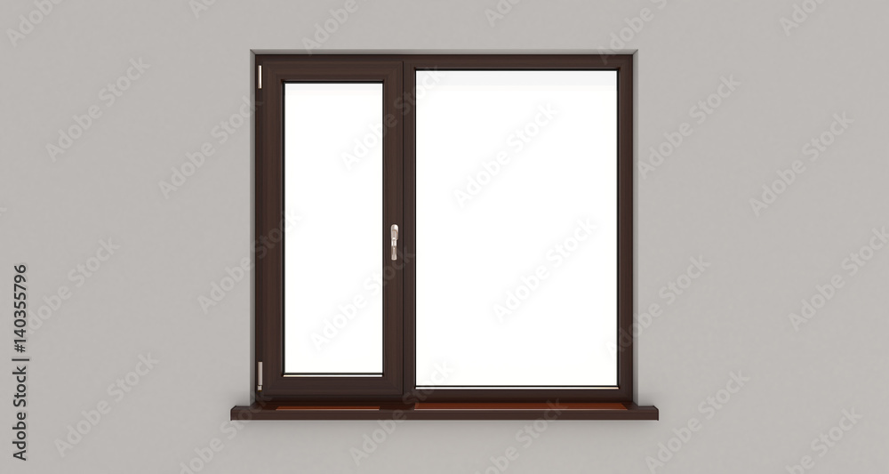 Window. White wall. Isolated window. Wooden window. 3d. 3D render. Window. White wall. Isolated window. Wooden window. 3d. 3D render.